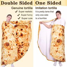 a woman is wrapped in a tortilla blanket with instructions for how to fold it