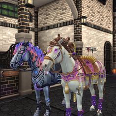 two horses standing next to each other in front of a brick wall and doorways