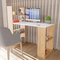 a computer desk with a monitor and keyboard on it