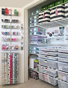 the closet is filled with lots of crafting supplies and storage bins on shelves