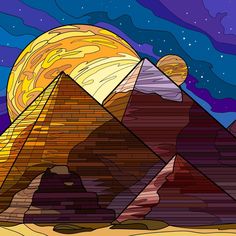 the great pyramids are depicted in this colorful illustration