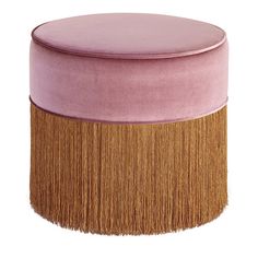 a pink and brown stool with fringe trim