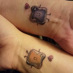 two people with matching tattoos on their feet, one has a peanut butter and jelly sandwich