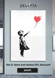 an advertisement for skulpta featuring a girl with a red heart - shaped balloon