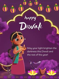 happy diwali greeting card with cartoon girl in pink dress holding a lit candle