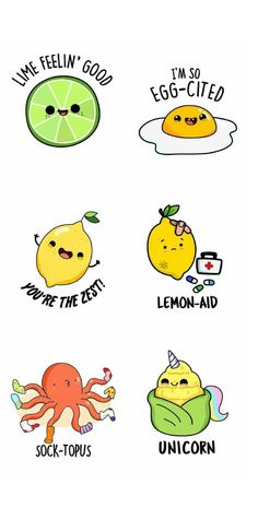 some stickers that have different types of food on them, including lemons and an octopus