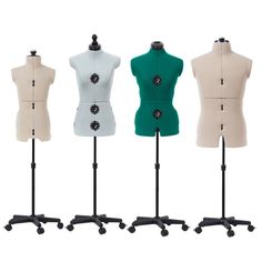 three mannequins are shown with wheels on each side and one is wearing a green shirt