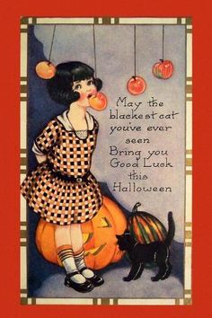 an old fashioned halloween card with a girl and cat