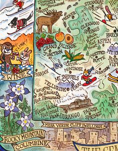 an illustrated map of the state of montana with mountains, rivers, and other places