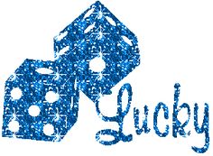 the word lucky written in blue glitter with two dices