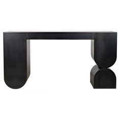 a black console table with an oval shaped base and two curved bases on each side