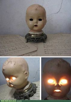 three different pictures of an old doll with glowing eyes and head on top of a piece of paper