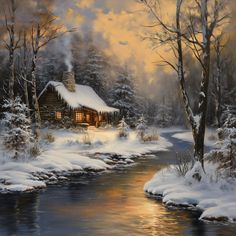 a painting of a cabin in the woods by a stream with snow on the ground