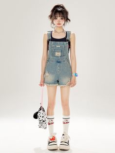 Embrace a laid-back style with these faded wash blue denim overalls. The distressed holes add a touch of edgy charm, while the classic overall design exudes a sense of effortless cool. Perfect for creating a trendy and casual look, this piece is a versatile addition to your wardrobe.   Please note that this product includes only the overalls and does not come with any additional items. Garment Size SizeSMLXLFull Length3232.53333.5Waist68727680Hips98102106110Thigh64666870 Dress Overalls Outfits, Shorts Overalls Outfit, Overalls Shorts Outfit, Overalls Outfit Short, Overall Shorts Outfit, Cute Overall Outfits, Denim Overalls Outfit, Overalls Outfits, Blue Denim Overalls