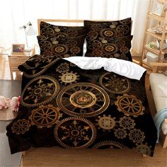 a bed covered in a black and gold comforter