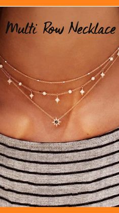 Gold star Sun astrology multi row necklace Classy Gifts, Classy Necklace, Layered Chain Necklace, Diamond Solitaire Necklace, Gold Necklace Women, Jewelry Choker, Bold Color