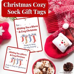 christmas cozy sock gift tags with hot chocolate and marshmallows in the background