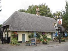 a thatched roofed building with potted plants and flowers