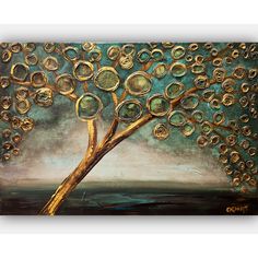 ORIGINAL Gold Teal Tree Painting, Abstract Blooming Tree Painting, Gold Texture Wall Art by Osnat  PAINTING'S INFORMATION: This is a Made-To-Order Painting - the painting I will create for you will be similar to the original painting I posted here that was already sold. Time frame to create this textured TREE art is 5 business days. Painting's name: "The Golden Apple Tree" Size: 30"x20"x1" Medium: Acrylic on wrapped stretched canvas HANDLING & SHIPPING INFORMATION: - Shipped STRETCHED - I ship via DHL / FedEx - There is no shipping at Friday and Saturday - Shipping is 3-5 business days. INSURANCE & ASSURANCE: - All of my paintings are professionally packaged and insured against any damage or loss. - All my paintings are created with great care and are coated with varnish to protect the col Tree Painting Abstract, Blooming Tree Painting, Image Loading, Fish Designs, Modern Landscape Painting, Texture Wall Art, Texture Wall, Painting Gold, Blooming Trees