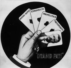 a black and white photo of a hand holding playing cards with the words stand pat on it