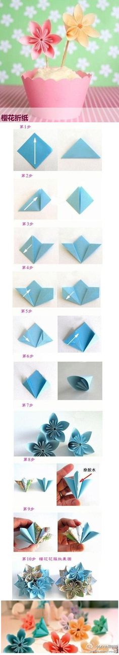 the instructions for how to make origami flowers in different sizes and colors, with pictures