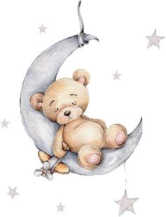 a watercolor drawing of a teddy bear sitting on the moon with stars around it