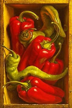 an oil painting of peppers in a wooden box with green and red peppers on it