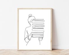 a black and white line drawing of a person holding stacks of books in their hands