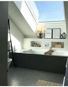 a bathroom with a skylight above the bathtub and shelves on the wall next to it