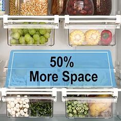 an open refrigerator filled with lots of different types of vegetables and fruit in containers that say 50 % more space