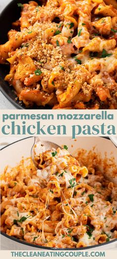 chicken pasta with parmesan mozzarella sauce in a skillet and on a plate