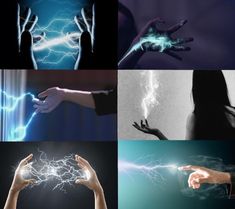 four different pictures with hands and lightning in them