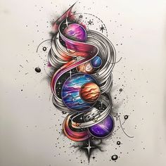 an artistic tattoo design with planets and stars