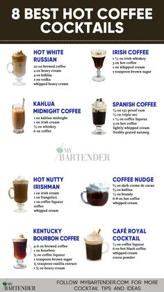 Best Hot Coffee Cocktails Alcohol Coffee Drinks Recipes, Coffee With Alcohol Recipes, Hot Coffee Cocktail Recipes, Hot Coffee Cocktails, Coffee And Drink Bar Ideas, Alcohol Coffee Drinks, Coffee Liqueur Cocktails, Coffee Mix Recipes, Coffee Drinks With Alcohol