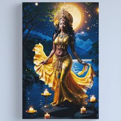 a painting of a woman dressed in yellow with candles around her and the moon behind her