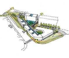 an architectural drawing of a building with trees