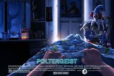 the poster for poltergeist is displayed in front of a bed with two hands on it