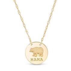 This miniature "mama" bear stamped disc-shaped necklace fashioned in 14K gold is centered along a 16.0-inch rope chain, with a 2.0-inch extender, that secures with a spring-ring clasp. Necklace Clasps, Chip Bags, Disc Necklace, Bracelet Crafts, Mama Bear, Trendy Jewelry, Chain Ring, Rope Chain, Necklace Designs