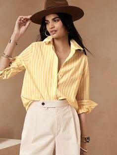 Classic Poplin Shirt | Banana Republic Striped Shirt Women, Yellow Shirts, Boyfriend Shirt, Short En Jean, Poplin Shirt, White Pants, Classic Shirt, Striped Long Sleeve, Striped Shirt