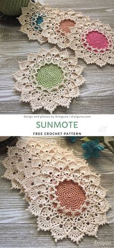 crochet doily with the words, free crochet pattern on it