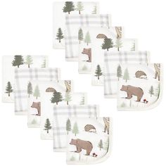 five baby bibs with bear and trees on them