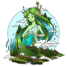 a woman with green hair and flowers on her head holding the earth in her hands