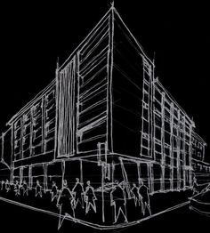 a black and white drawing of people walking in front of a tall building at night