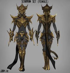 the concept art for scorpion set female armor is shown in gold and black, as well as