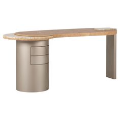 an office desk with a wooden top and metal base