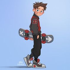 a cartoon boy holding a skateboard in his hand