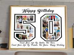 a 50th birthday card with the number fifty five in black and white surrounded by photos