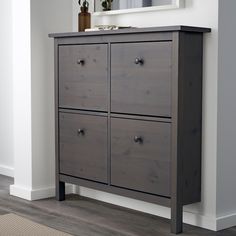 HEMNES Shoe cabinet with 4 compartments, gray dark gray stained, 42 1/8x39 3/4" - IKEA Ikea Hemnes Shoe, Ikea Hemnes Shoe Cabinet, Ikea 2015, Hemnes Shoe Cabinet, Ikea Shoe Cabinet, Ikea Shoe, Kura Bed, Dream Laundry Room, Ikea Hemnes