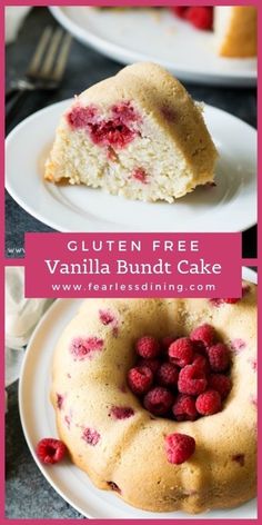 two plates with raspberry bundt cake on them and the words gluten free vanilla bundt cake