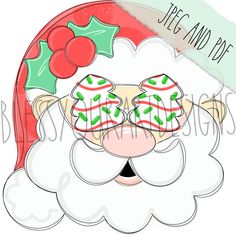 a santa claus face with glasses and holly wreath